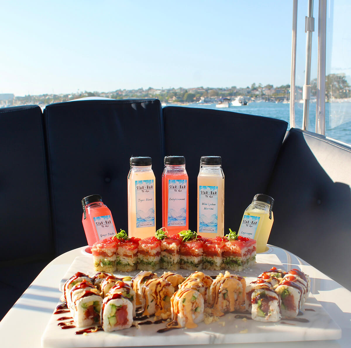 Starfish selection of sushi, rolls and a variety of drinks.